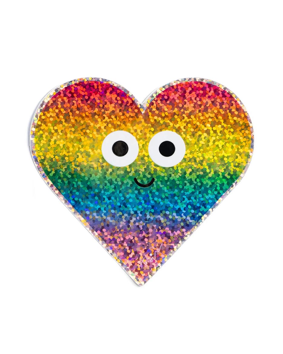 Studio Arhoj - Sticker Rainbow Heart: Glitzerndes Herz mit fröhlichem Gesicht, ideal zur Verschönerung von Laptops, Wasserflaschen oder Skateboards. Auf transparenter Folie gedruckt.