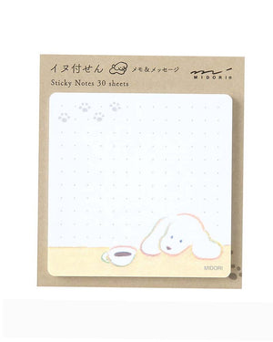 Midori Sticky Notes Coffee and Dog: Haftnotizen mit gepunktetem Design, Hundeillustration von Natsumi Teraoka und Paw-Print-Akzenten, ideal für Notizen, hergestellt in Japan.