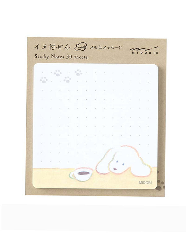 Midori Sticky Notes Coffee and Dog: Haftnotizen mit gepunktetem Design, Hundeillustration von Natsumi Teraoka und Paw-Print-Akzenten, ideal für Notizen, hergestellt in Japan.