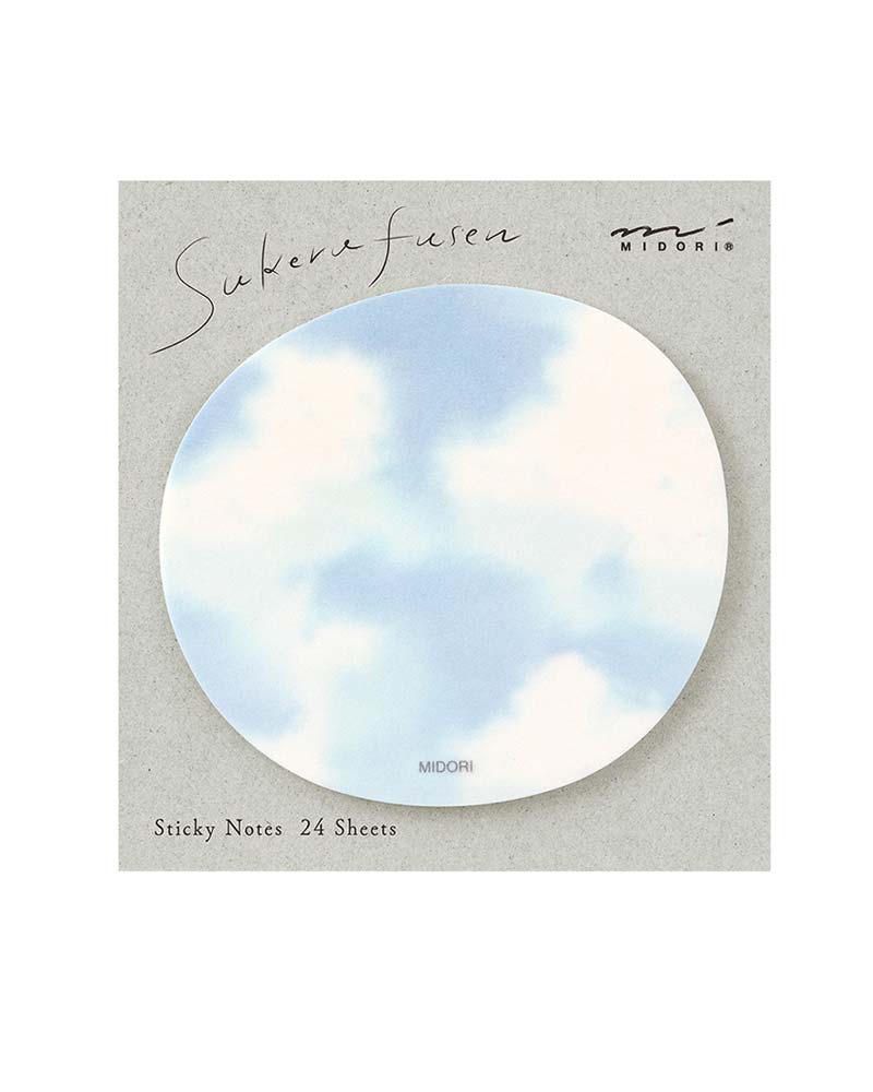 Midori Sticky Notes Transparency Sky Light Blue: 24 halbtransparente Haftnotizen in Wolkenform, bedruckt mit Himmelmotiv, ideal zum Beschriften. Maße: 7,6 cm x 7,6 cm.