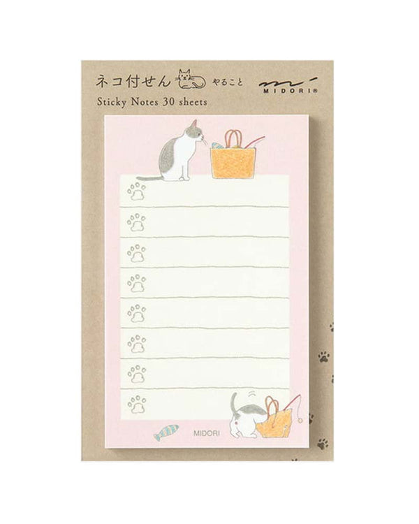 Midori Sticky Notes To Do Cat Pink: Dekorative Haftnotizen mit handgezeichneten Katzen, Pfotenlinien und Körben. Entworfen von Sayo Koizumi, ideal für Katzenliebhaber.