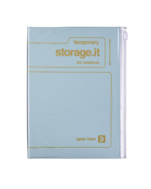 Transluzentes A5-Notizbuch mit Reißverschluss von Mark's, Storage.it in Mint, beschriftet als temporäre Aufbewahrung, ideal für Arbeit oder Studium. Enthält Punktraster und Linien.