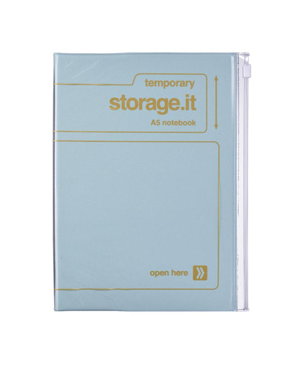 Transluzentes A5-Notizbuch mit Reißverschluss von Mark's, Storage.it in Mint, beschriftet als temporäre Aufbewahrung, ideal für Arbeit oder Studium. Enthält Punktraster und Linien.