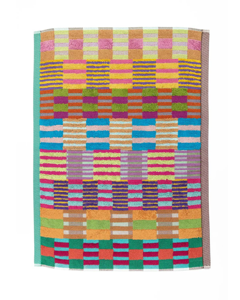 Bunte Odds & Ends Badematte #74 Tulip Quilt aus 100% Baumwolle, 60 x 80 cm, mit lebhaften gestreiften Farbblöcken und Aufhängeetikett, gefertigt in Portugal.