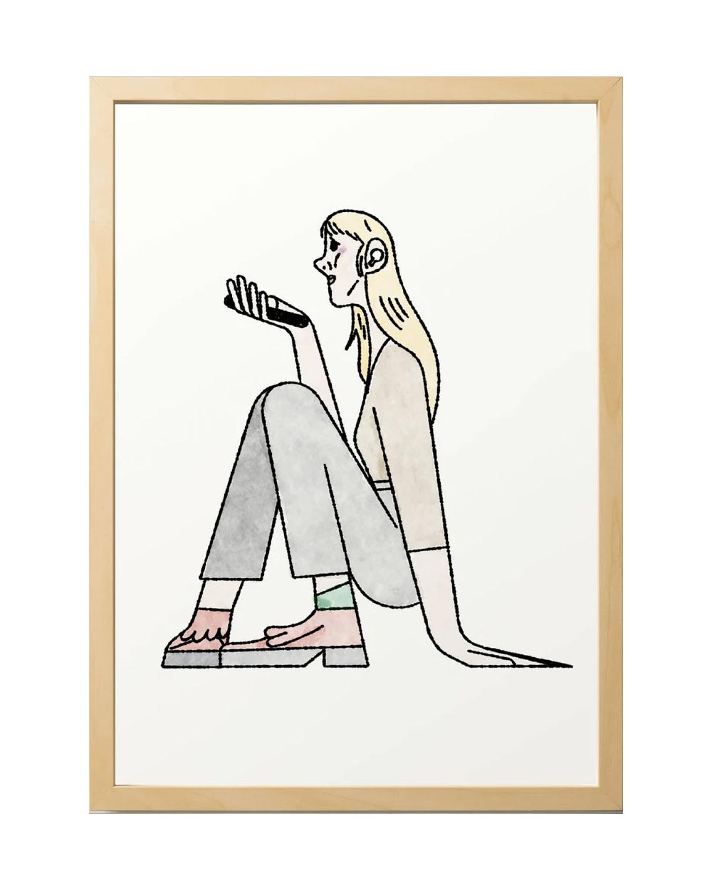 Sergio Membrillas Voice Message FineArt Print: Illustration einer sitzenden Frau im Profil mit einem kleinen rechteckigen Objekt. Erhältlich in DinA4 und DinA3.