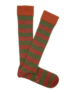 Bio-Lammwollsocken lang - Rotbraun-Olive Gestreift