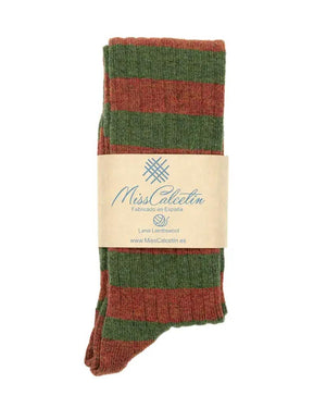 Bio-Lammwollsocken lang - Rotbraun-Olive Gestreift