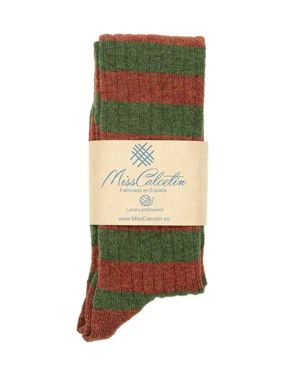 Bio-Lammwollsocken lang - Rotbraun-Olive Gestreift