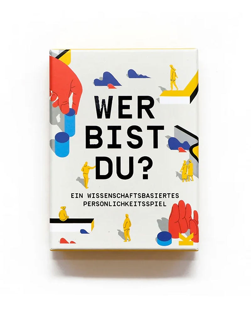 Wer bist Du? - Ein wissenschaftsbasiertes Persönlichkeitsspiel mit Illustrationen auf weißem Hintergrund; erkunde Persönlichkeit anhand von Multiple-Choice-Karten basierend auf dem Fünf-Faktoren-Modell.