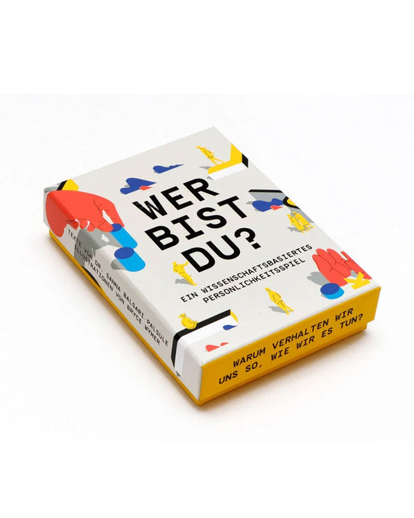 Wer bist Du? - Ein wissenschaftsbasiertes Persönlichkeitsspiel in einer Schachtel mit stilisierten Händen und abstrakten Figuren, bietet Einblicke in alltägliche Entscheidungen und Persönlichkeit.
