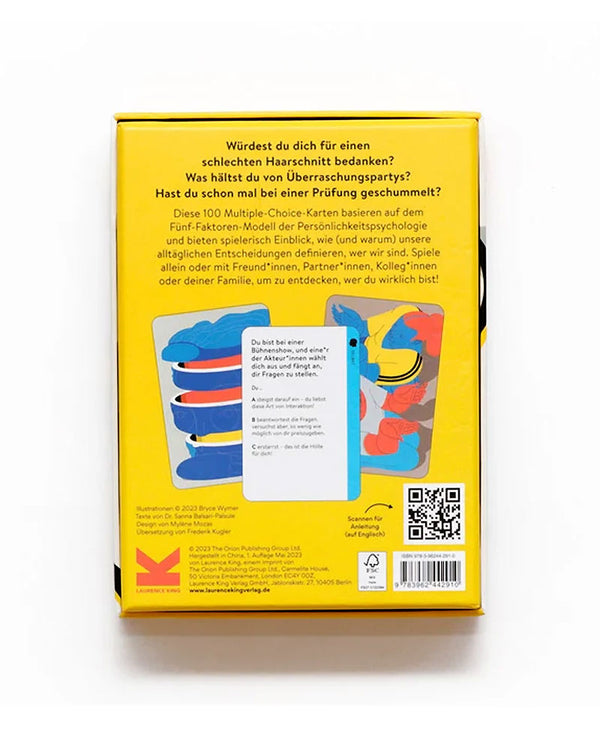 Rückseite der gelben Box des Spiels Wer bist Du? - Ein wissenschaftsbasiertes Persönlichkeitsspiel mit 100 Multiple-Choice-Karten über das Fünf-Faktoren-Modell der Persönlichkeitspsychologie.