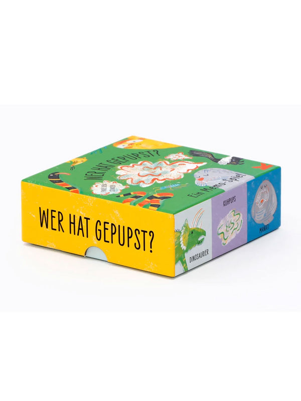 Verpackung des Kinder-Memo-Spiels Wer hat gepupst? mit cartoonhaften Tieren und Furzwolken; ein lustiges Spiel zum Zuordnen von Tiergeräuschen.