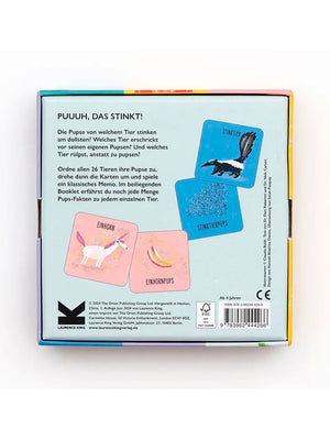 Wer hat gepupst? - Memo: Rückseite der Spielbox zeigt Karten für Skunk und Einhorn mit zugehörigen Pupsen, Spielregeln und Infos zu Tierpupsen. Hersteller: Laurence King. ISBN: 9783962444266.