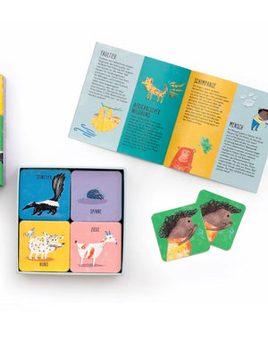 Kinder-Memo-Spiel Wer hat gepupst? mit vier Tierkarten und einem Booklet, das lustige Fakten über Tiergeräusche bietet. Enthält farbenfrohe Illustrationen und deutsche Tiernamen.
