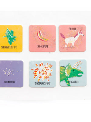 Wer hat gepupst? - Memo: Sechs humorvolle Karten mit Tier-Pups-Illustrationen und deutschen Beschriftungen, ideal für ein lustiges Memo-Spiel über Tiergeräusche.