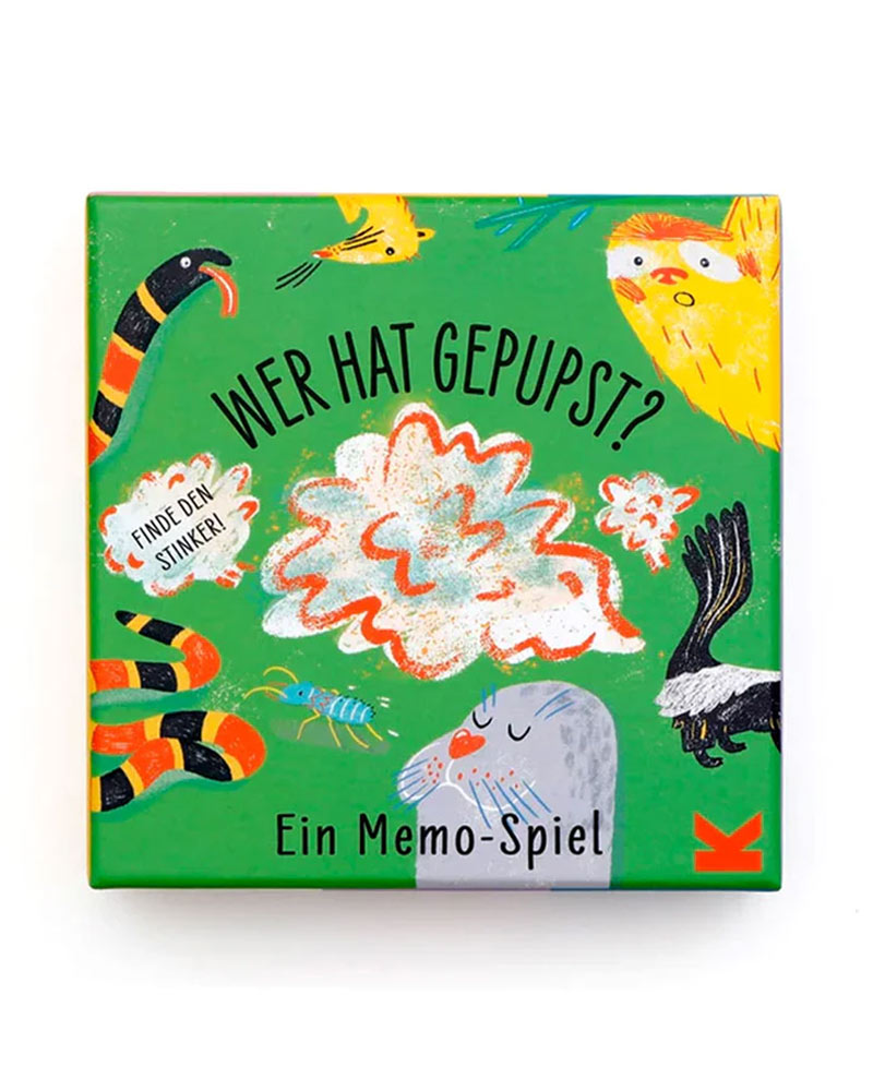 Spielbox Wer hat gepupst? - Memo mit grüner, illustrativer Gestaltung, zeigt Tiere und Titel. Ein lustiges Gedächtnisspiel für Kinder und Erwachsene im Human Empire Shop.