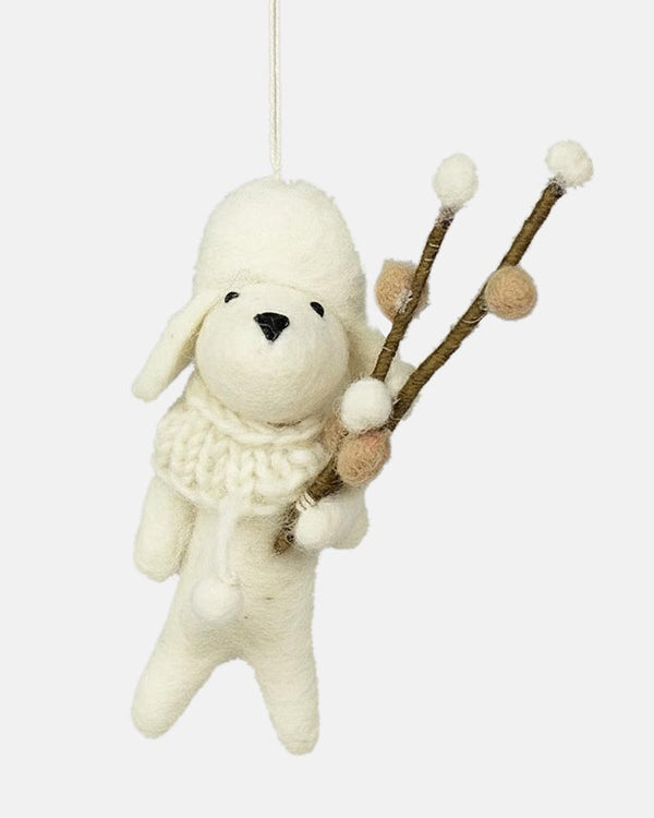Dog Willow Weihnachtsbaumanhänger: Handgefertigter Filzanhänger mit Lammform, Strickkragen und -mütze, hält Weidenkätzchenzweige, mit Wollschlaufe zum Aufhängen. Fairtrade, 11 cm hoch.