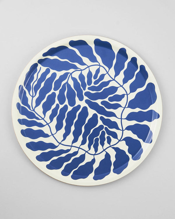 Großes Wrap Blue Leaves Tablett Rund