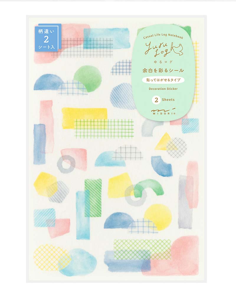 Midori Yuru Log Sticker Two Sheets Collage Watercolour Motif: Zwei Stickerbögen mit geometrischen Pastellformen, perfekt für Notizbücher und Planer, beschreibbar mit wasserbasierten Stiften.