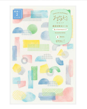 Midori Yuru Log Sticker Two Sheets Collage Watercolour Motif: Zwei Stickerbögen mit geometrischen Pastellformen, perfekt für Notizbücher und Planer, beschreibbar mit wasserbasierten Stiften.