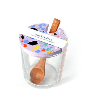 Zuckerdose Terrazzo Bold Lila mit einzigartigem Porzellangips-Deckel und integriertem Holzlöffel, passend zur Terrazzo Dosen Kollektion, hergestellt in Niedersachsen.