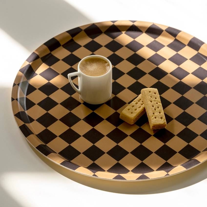 Tablett Checker Round Chocolate & Gold (38cm)