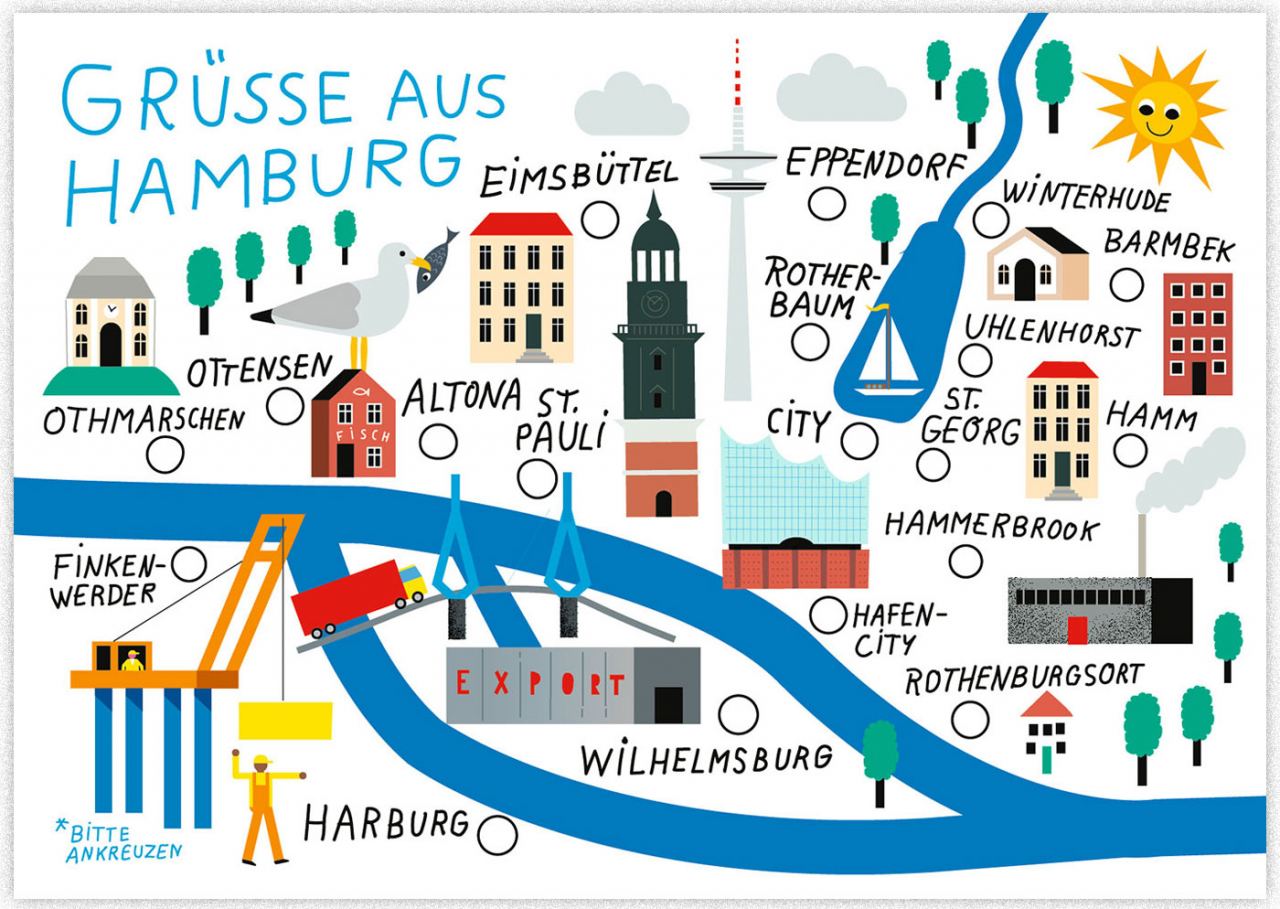 Hamburg Stadtteilkarte Weiss Postkarte