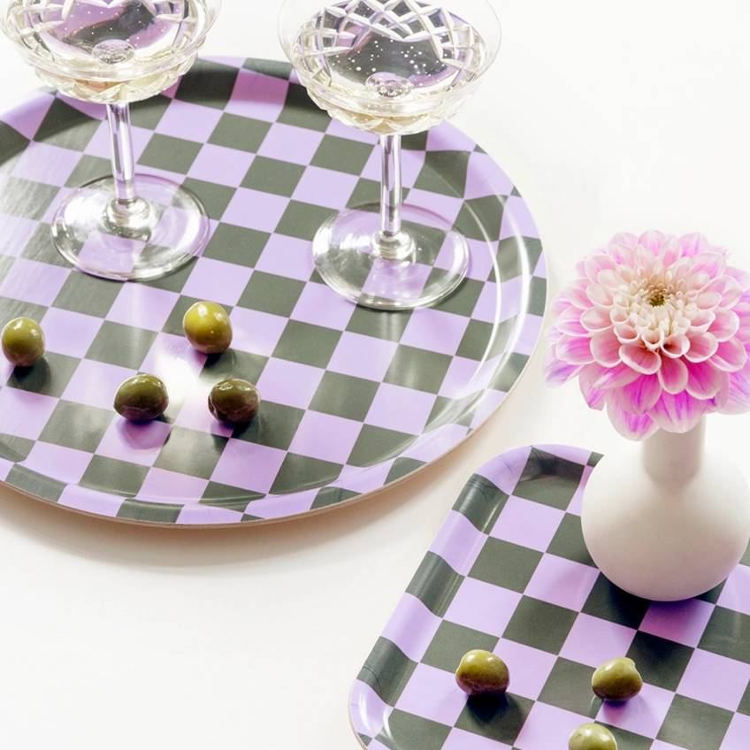 Tablett Checker Round Lilac & Olive (31cm)